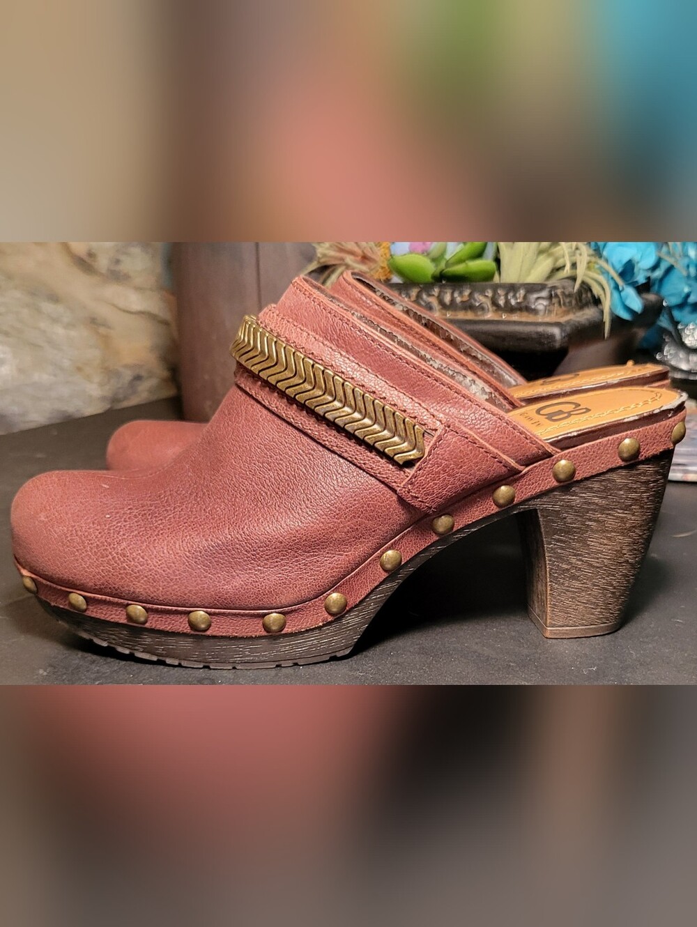 Gianni Bini Leather Platform Clog Mules Brown Studded Block Heel Women's 8M